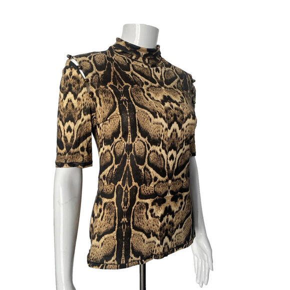 Vintage 2003 Roberto Cavalli M Short Sleeve Turtleneck Animal Print Top Brown - Picture 5 of 9